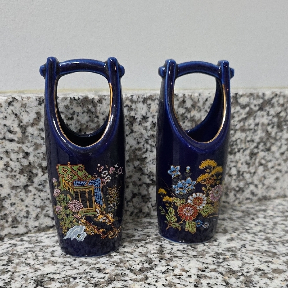 Elegant Blue Ceramic Vases with Floral Design